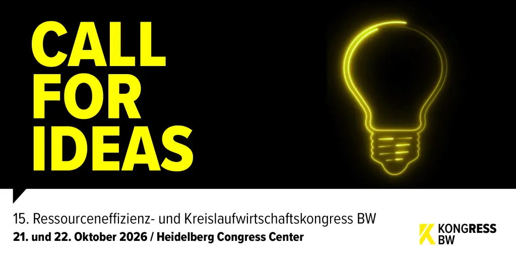 Gelbe Glühbirne auf schwarzem Hintergrund mit Text Call for Ideas und dem Datum 21. und 22. Oktober 2026 des KONGRESS BW